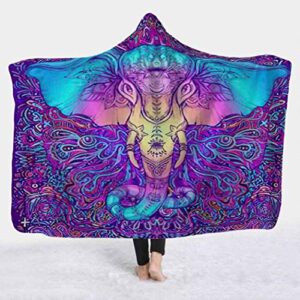 atomack trippy elephant wearable hooded blankets, tribal psychedelic paisley colorful ethnic boho mandala yoga comfy blanket hoodie for adults kids sherpa fleece throw poncho cloak, 50x60 inch