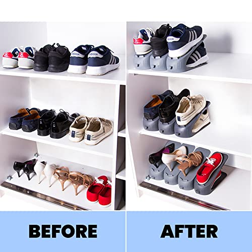 DecoBella Shoe Slots Organizer, Space Saving Shoe Stacker, 4-Pack Double Layer Shoe Rack, BPA-Free Plastic Shoe Holder for Closet (Gray)