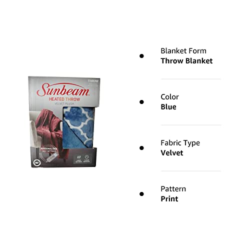 Sunbeam Premium-Soft Velvet Plush Electric Heated Throw Blanket, Machine Washable Dryer Safe, (Blue)