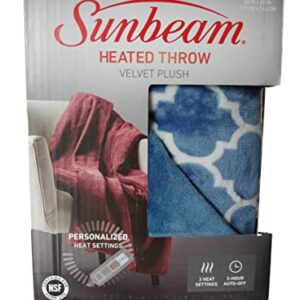 Sunbeam Premium-Soft Velvet Plush Electric Heated Throw Blanket, Machine Washable Dryer Safe, (Blue)