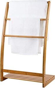 household items bamboo towel rack holder for bathrooms,freestanding beach towel & poolside rack with bottom storage shelf,quilt rack stand or blanket rack for living room or bedroom 1pcs