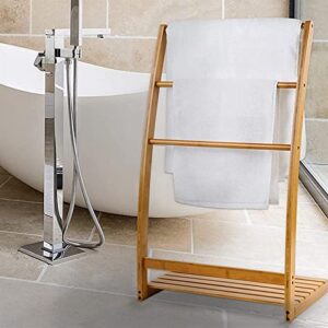 Household Items Bamboo Towel Rack Holder for Bathrooms,Freestanding Beach Towel & Poolside Rack with Bottom Storage Shelf,Quilt Rack Stand or Blanket Rack for Living Room or Bedroom 1pcs