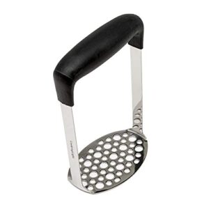 cooking light heavy duty stainless steel masher, broad and ergonomic horizontal, fine plate for smooth mashed potatoes, soft grip and non-slip handle, stainless, black