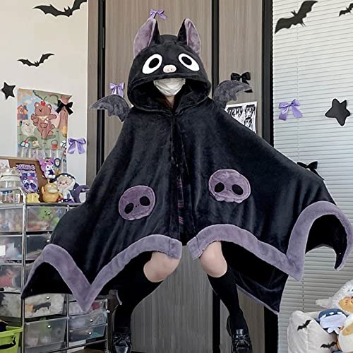 Cute Halloween Wearable Blanket Hoodie for Adults Devil Bat Hooded Blanket Oversized Soft Sherpa Hoodie Women Throw Cloak Wrap with Demon Wings for Women Men Child Student,XL