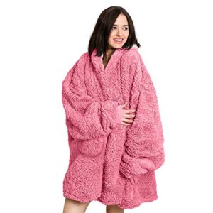 roore oversized sherpa wearable blanket hoodie | super soft warm reversible hooded sweatshirt thick plush giant pullover fleece sweater for adult men women teens kids (pink)