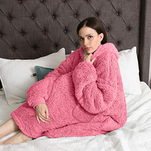 Roore Oversized Sherpa Wearable Blanket Hoodie | Super Soft Warm Reversible Hooded Sweatshirt Thick Plush Giant Pullover Fleece Sweater for Adult Men Women Teens Kids (Pink)