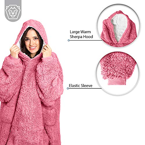 Roore Oversized Sherpa Wearable Blanket Hoodie | Super Soft Warm Reversible Hooded Sweatshirt Thick Plush Giant Pullover Fleece Sweater for Adult Men Women Teens Kids (Pink)