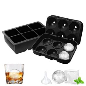 hocerlu ice cube trays (set of 2), silicone sphere ice cube mold with lid & large square ice tray - melt slowly and less dilution - for whiskey, cocktails and homemade freezer - easy release, black
