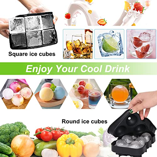 Hocerlu Ice Cube Trays (Set of 2), Silicone Sphere Ice Cube Mold with Lid & Large Square Ice Tray - Melt Slowly and Less Dilution - for Whiskey, Cocktails and Homemade Freezer - Easy Release, Black