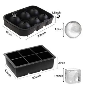 Hocerlu Ice Cube Trays (Set of 2), Silicone Sphere Ice Cube Mold with Lid & Large Square Ice Tray - Melt Slowly and Less Dilution - for Whiskey, Cocktails and Homemade Freezer - Easy Release, Black