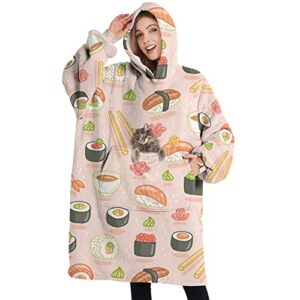 oversized wearable blanket hoodie sweatshirt sushi and rolls on pink warm flannel blanket sweater with giant pocket for women, adult, girls, friend