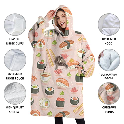 Oversized Wearable Blanket Hoodie Sweatshirt Sushi and Rolls on Pink Warm Flannel Blanket Sweater with Giant Pocket for Women, Adult, Girls, Friend