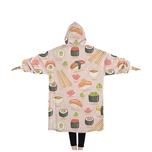Oversized Wearable Blanket Hoodie Sweatshirt Sushi and Rolls on Pink Warm Flannel Blanket Sweater with Giant Pocket for Women, Adult, Girls, Friend