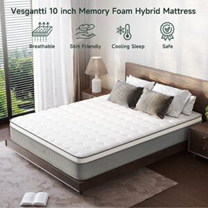 Vesgantti Queen Mattresses, 10 Inch Innerspring Hybrid Queen Size Mattress, Pressure Relief Pocket Spring Queen Bed Mattress in a Box with Breathable Memory Foam, Medium Firm Plush, CertiPUR-US