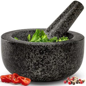 heavy duty large mortar and pestle set, hand carved from natural granite, make fresh guacamole, salsa, pesto, stone grinder bowl, herb crusher, spice grinder, 6.3 inch size, black