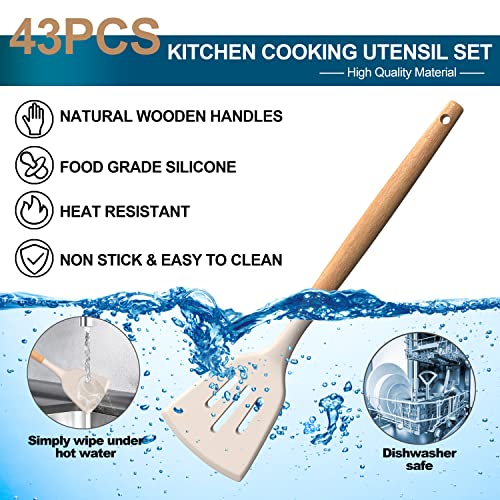 Silicone Cooking Utensils Set, 43Pcs Non-Stick Heat Resistant Kitchen Utensils Spatula Set with Wooden Handle for Baking, Cooking, and Mixing, Best Kitchen Gadgets Tools with Holder (Khaki)