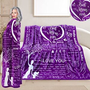 Mothers Day Mom Gifts,Gifts for Mom from Daughter Son,100 Languages I Love You Soft Fleece Blanket, Inspirational Tree of Life with Butterfly Purple Throw Blanket, Birthday Christmas Day 70”x 55”