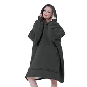 easy-going oversized wearable blankets hoodie for women and men, double layered sherpa blanket sweatshirt, adults, dark gray