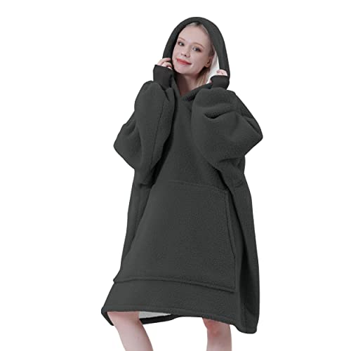 Easy-Going Oversized Wearable Blankets Hoodie for Women and Men, Double Layered Sherpa Blanket Sweatshirt, Adults, Dark Gray