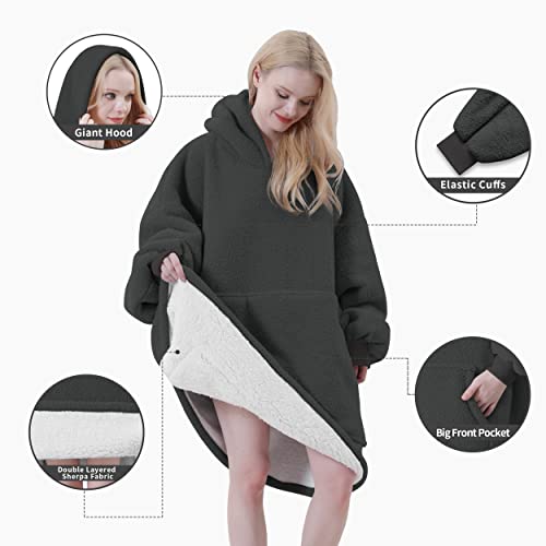 Easy-Going Oversized Wearable Blankets Hoodie for Women and Men, Double Layered Sherpa Blanket Sweatshirt, Adults, Dark Gray