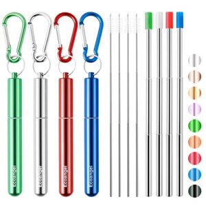 4 pack portable reusable metal straw collapsible stainless steel drinking straw telescopic straw to drink water smoothie with aluminum key-chain case & cleaning brush （silver & blue & red & green）