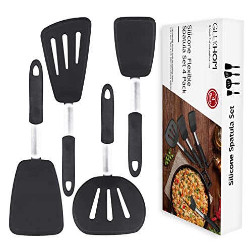 Silicone Spatulas for Nonstick Cookware, GEEKHOM 600F Heat Resistant Extra Large and Wide Flexible Spatulas Rubber Turners, Kitchen Cooking Utensils Set for Pancake, Eggs, Fish, Omelet(4 Pack, Black)