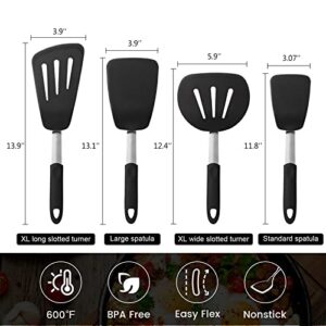 Silicone Spatulas for Nonstick Cookware, GEEKHOM 600F Heat Resistant Extra Large and Wide Flexible Spatulas Rubber Turners, Kitchen Cooking Utensils Set for Pancake, Eggs, Fish, Omelet(4 Pack, Black)