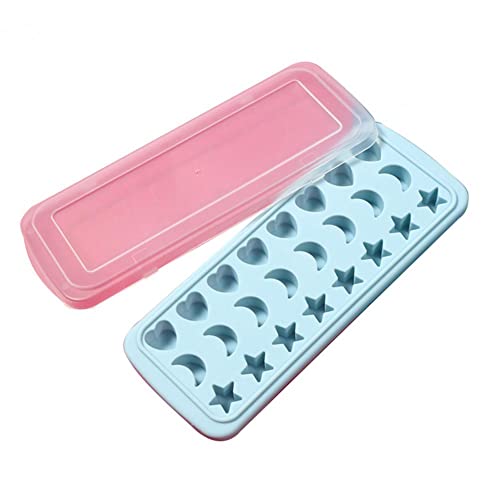 chaojia Chaojia Ice Cube Tray with Lid Stars Moons Love Hearts Shape 24 Cavity Silicone Safe Durable Whiskey Ice Ball Maker Kitchen Tools-Sky Blue, 10.04x3.86x0.9 in