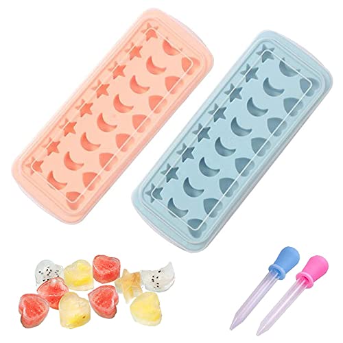 chaojia Chaojia Ice Cube Tray with Lid Stars Moons Love Hearts Shape 24 Cavity Silicone Safe Durable Whiskey Ice Ball Maker Kitchen Tools-Sky Blue, 10.04x3.86x0.9 in