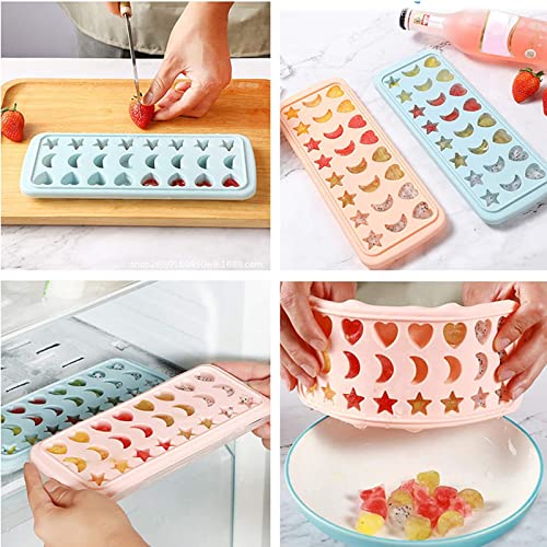 chaojia Chaojia Ice Cube Tray with Lid Stars Moons Love Hearts Shape 24 Cavity Silicone Safe Durable Whiskey Ice Ball Maker Kitchen Tools-Sky Blue, 10.04x3.86x0.9 in