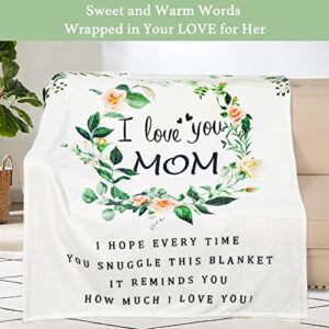Gifts for Mom, Mom Gifts, Birthday Gifts for Mom, Mom Birthday Gifts, Mothers Day Blanket Gifts for Mom, Mom Gifts from Daughters, I Love You Mom Blanket, Soft Flower Throw Blanket 60"X50", White