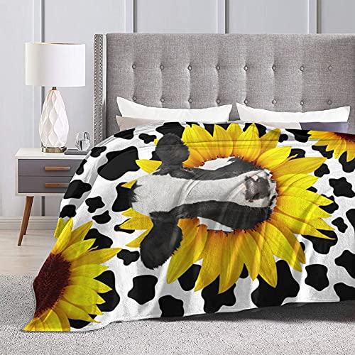 Cow Print Sunflower Flannel Fleece Blanket Plush Blanket Air Conditioning Blanket Throw Blanket Ultra-Soft Cozy Blankets for Bed Couch Chair Car Living Room 50"x40"