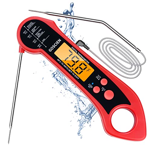 Instant Read Meat Thermometer for Cooking, Waterproof Digital Food Thermometer Dual Probe Design with Magnet, Backlight, Calibration and Foldable Probe for Deep Frying, Grill, BBQ, Kitchen(Red)