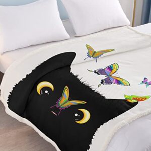 SOULZZZ Cat Blanket for Women Cozy Sherpa Cat Blankets and Throws Cute Soft Cat Blankets for Cat Lovers Girls Plush Kawaii Kitten Blanket with Butterfly Valentines Day Gifts (Black,80x60 Inches)