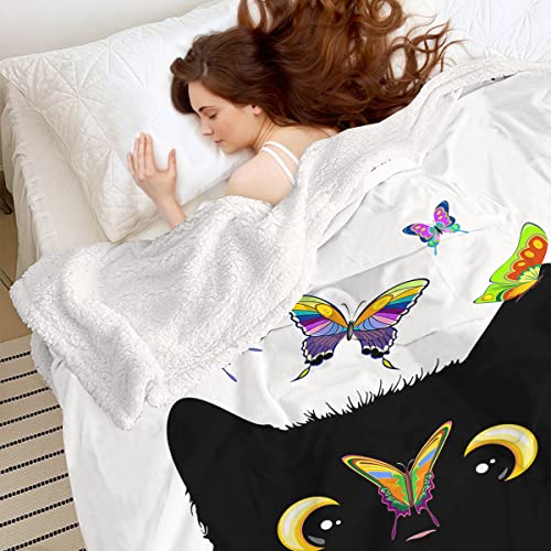 SOULZZZ Cat Blanket for Women Cozy Sherpa Cat Blankets and Throws Cute Soft Cat Blankets for Cat Lovers Girls Plush Kawaii Kitten Blanket with Butterfly Valentines Day Gifts (Black,80x60 Inches)
