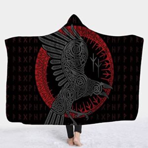 vikings throw blanket odin's ravens runes hooded blanket 3d print unisex wearable winter warm plush sherpa fleece flannel throw cape viking crow wrap blanket ( color : red , size : 80x60in/150x200cm )