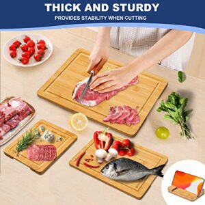 Wooden Cutting Boards for Kitchen: Set of 3 sizes - Bonus phone holder - With juice groove - For Meat Fish Vegetables Fruit - Strong and durable