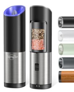 sangcon electric salt and pepper grinder mill set, safety & gravity switch, battery powered with led light, adjustable coarseness, one hand automatic operated kitchen gadgets, stainless steel, 2 pack