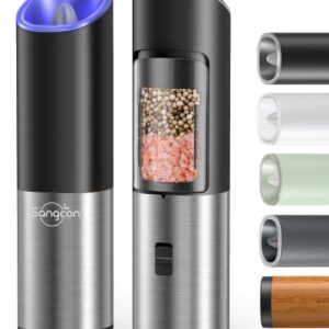 Sangcon Electric Salt and Pepper Grinder Mill Set, Safety & Gravity Switch, Battery Powered with LED Light, Adjustable Coarseness, One Hand Automatic Operated Kitchen Gadgets, Stainless Steel, 2 Pack