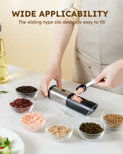 Sangcon Electric Salt and Pepper Grinder Mill Set, Safety & Gravity Switch, Battery Powered with LED Light, Adjustable Coarseness, One Hand Automatic Operated Kitchen Gadgets, Stainless Steel, 2 Pack