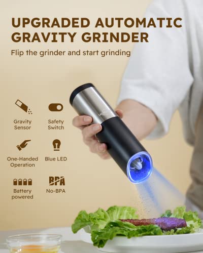 Sangcon Electric Salt and Pepper Grinder Mill Set, Safety & Gravity Switch, Battery Powered with LED Light, Adjustable Coarseness, One Hand Automatic Operated Kitchen Gadgets, Stainless Steel, 2 Pack