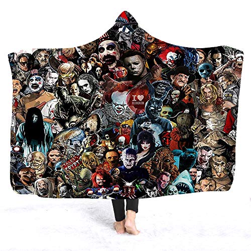 YEARGER Horror Movie Character Hooded Blanket for Adult Gothic Sherpa Fleece Wearable Throw Blanket Microfiber Bedding (110X145cm,C)