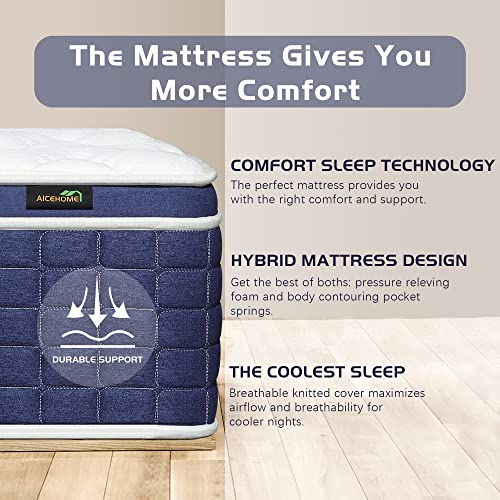 AICEHOME 10 Inch Innerspring Hybrid Mattress and Individual Pocket Springs,Queen Bed in a Box with Breathable Soft Knitted Fabric Cover for Pressure Relief