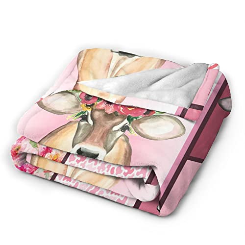 Blanket Cow Print Throw Soft Warmth Flannel Lightweight Cozy Baby Blankets Pink and Flowers Cow Throw Blanket Cow Bedding Decor for Sofa Couch Chair Bedroom60 X50