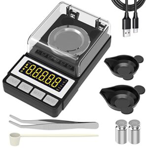milligram scale 50g / 0.001g, reloading scale with 2x 20g calibration weight, high precision jewelry scale with large lcd display, mg scale for gold medicine powder, battery included