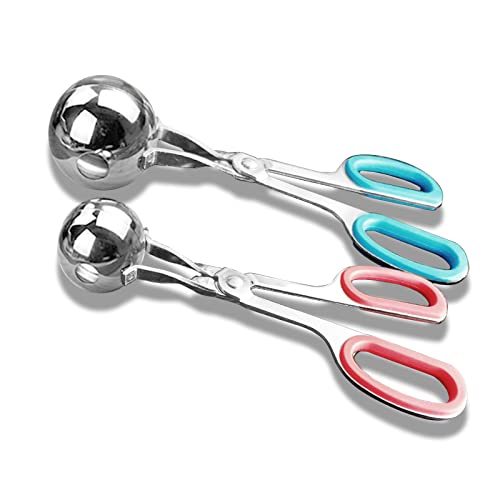 Meat Baller, 2 PCS None-Stick Meatball Maker with Detachable Anti-Slip Handles, Stainless Steel Meat Baller Tongs, Cake Pop, Ice Tongs, Cookie Dough Scoop for Kitchen (1.38"&1.78")