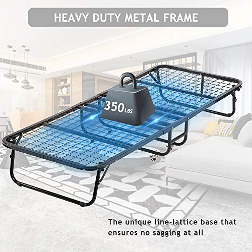 Folding Bed Frame with Wheel, Rollaway Bed with Mattress for Adults, Foldable Twin Bed with Thick Memory Foam Mattress for Spare Bedroom&Office, Camping Cot Portable Folding Bed for Adults&Kids 350LBS