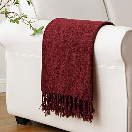 BATTILO HOME Burgundy Chenille Throw Blanket for Couch, Decorative Fringe Velvety Red Throw Blanket for Sofa Home Décor, 50"x60"