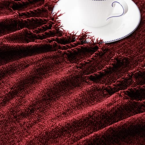 BATTILO HOME Burgundy Chenille Throw Blanket for Couch, Decorative Fringe Velvety Red Throw Blanket for Sofa Home Décor, 50"x60"