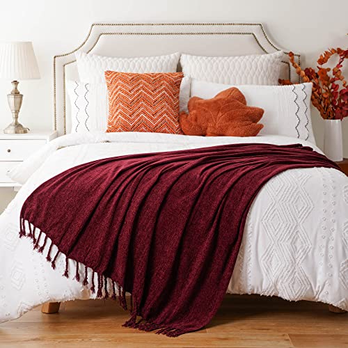 BATTILO HOME Burgundy Chenille Throw Blanket for Couch, Decorative Fringe Velvety Red Throw Blanket for Sofa Home Décor, 50"x60"